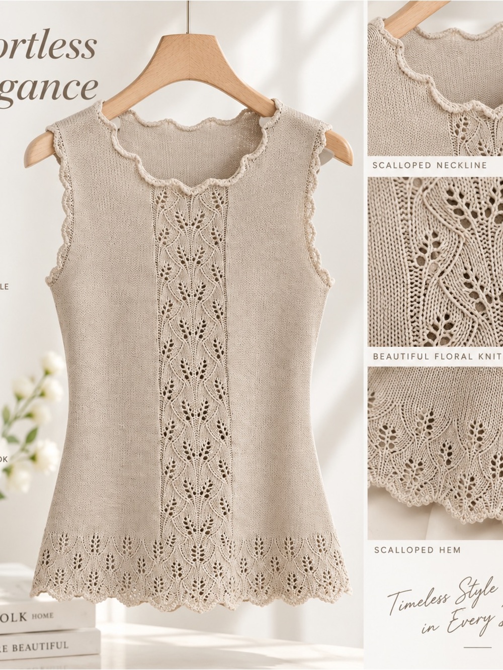 Elegant Beige Floral Knit Sleeveless Top – Scalloped Hem Soft Silky Feel